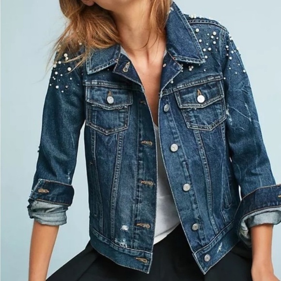 Pilcro and the Letterpress Jackets & Blazers - Anthropologie Pilcro Embellished Distressed Denim Trucker Jacket Size Small